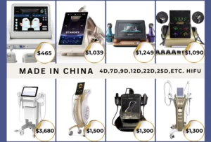 Variedade de dispositivos HIFU chineses (4D, 7D, 9D, 12D), com preços aproximados para indicar seu custo.
