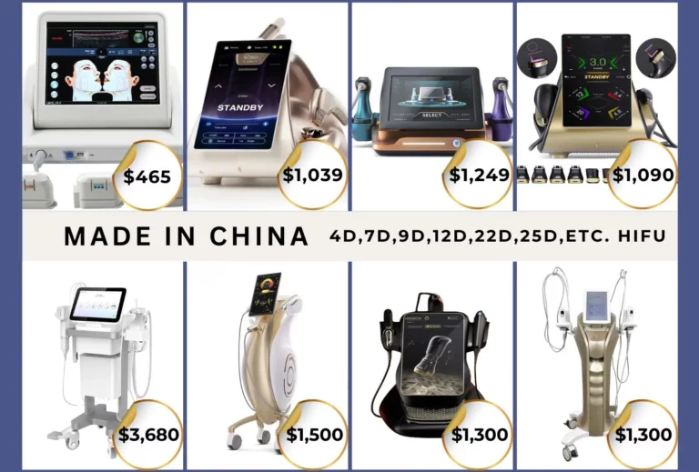 Assortment of Chinese HIFU devices (4D, 7D, 9D, 12D), with approximate prices shown to indicate their cost.