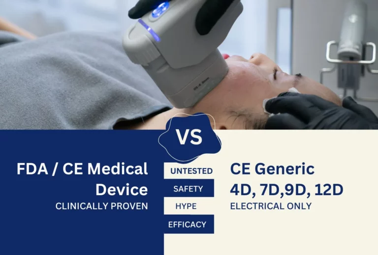 Dermatologist or aesthetician performing a HIFU procedure on a patient, with overlaid text explaining HIFU device CE Certificates vs. Marketing Myths (4D, 7D, 9D, 12D), including their pros and cons.