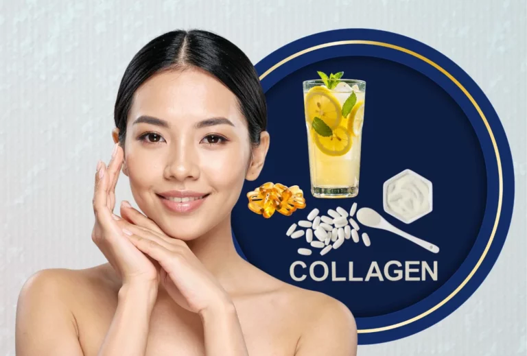 Woman with radiant skin after HIFU therapy and taking supplements - vitamin C, zinc, collagen and omega 3