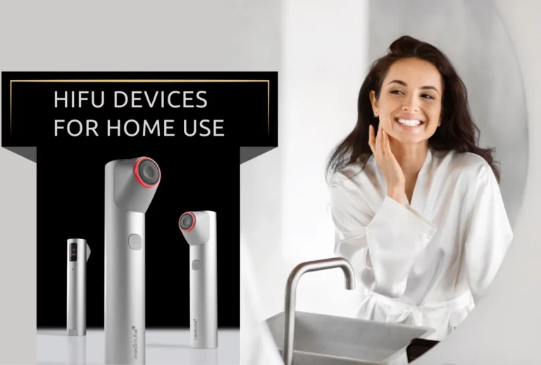 Woman looking in a mirror next to Medicube Age-R High Focus Shot home HIFU device for face lifting and skin tightening.