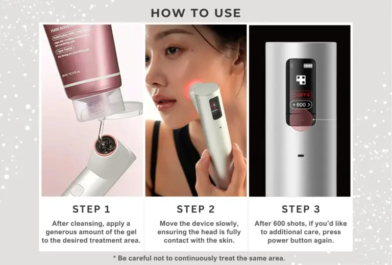 A three-step visual guide on how to use the Medicube Age-R High Focus Shot HIFU device. Step 1 shows a person applying a generous amount of gel to the treatment head. Step 2 demonstrates moving the device slowly across the cheek, ensuring the head is in full contact with the skin. Step 3 shows the digital display indicating 600 shots and instructions on how to continue treatment. At the bottom, there is a crucial safety warning: "Be careful not to continuously treat the same area